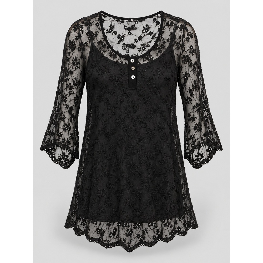 SWEET Black Sheer Floral Lace Nightie Bell Sleeve Dark Romantic Layering